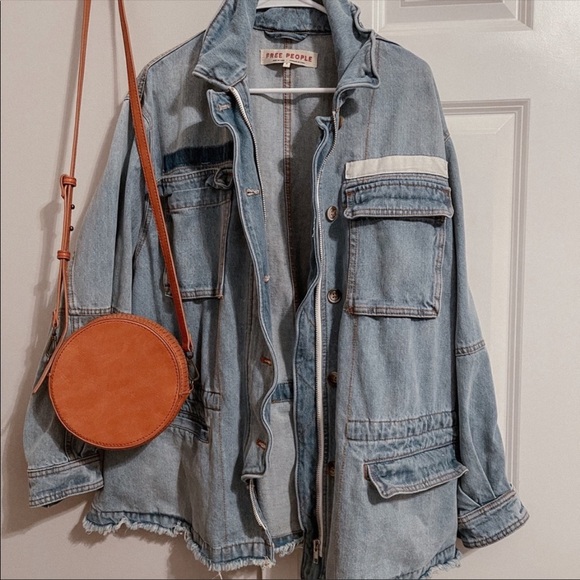 Free People oversized raw, flared hem denim jean jacket, adjustable cinch waist - Picture 6 of 16